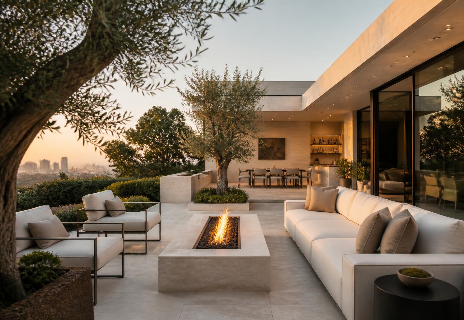 Completed Los Angeles terrace with a linear fire feature at dusk