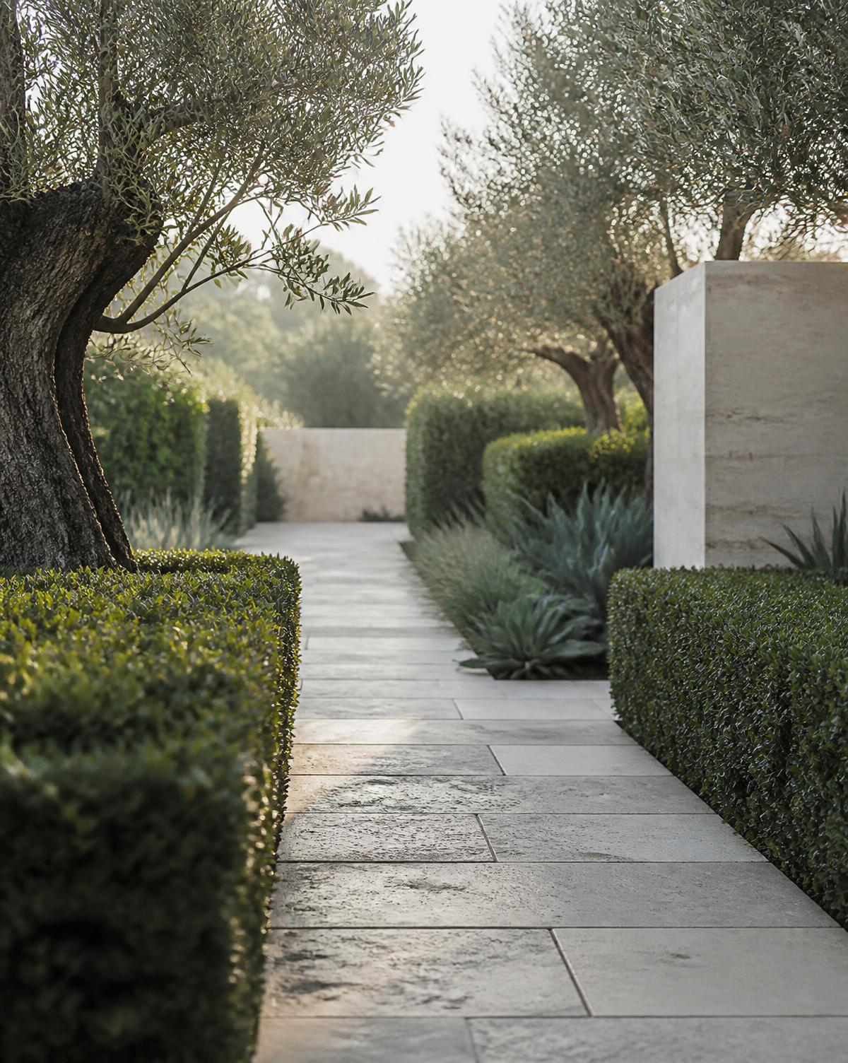Stone path set between structured Mediterranean planting in a Los Angeles garden